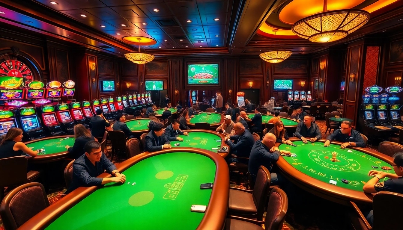 Experience the thrilling gaming atmosphere at ee88 vip with poker tables and sleek slot machines.