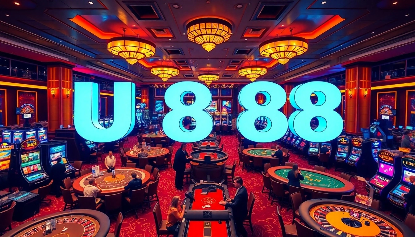 Experience thrilling gameplay at U 888 casino with players enjoying diverse games and vibrant slot machines.