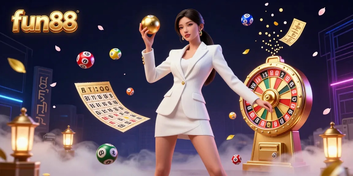 Engage in exciting games at fun88 with a dazzling scene of an Asian woman holding a roulette ball, surrounded by vibrant casino elements