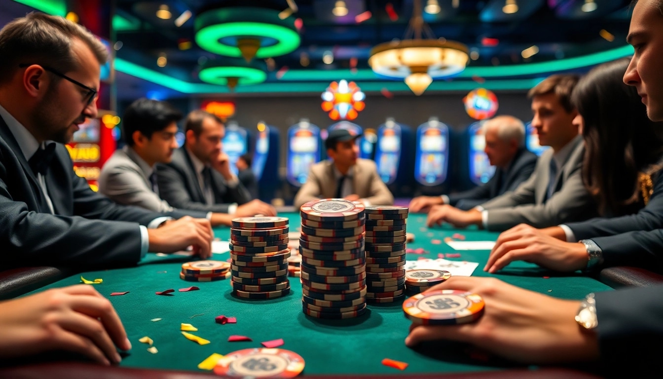 Experience the thrill of BDTK66 poker with vibrant chips and engaging players at a luxurious casino.