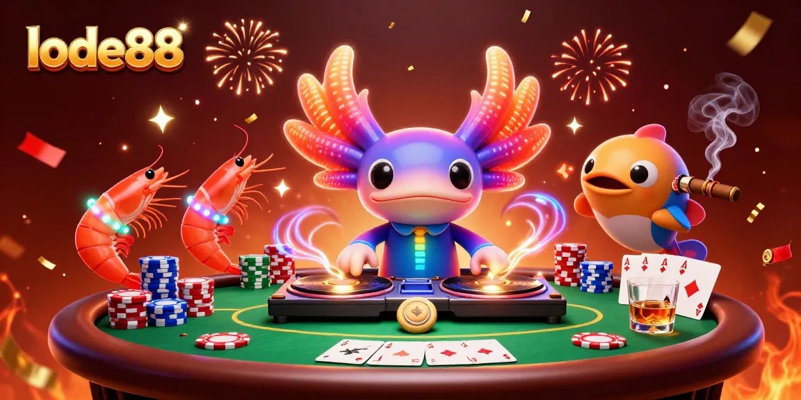 Experience thrill at lode88 with a vibrant 3D illustration of a lively casino scene.