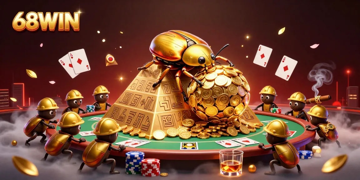 Experience the excitement of 68WIN with golden beetles rolling coins up a pyramid in a vibrant casino adventure.