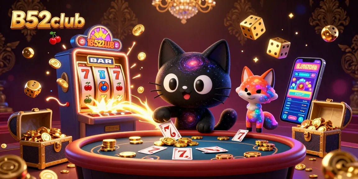 B52club invites players to enjoy a cosmic casino experience with vibrant game elements and characters.