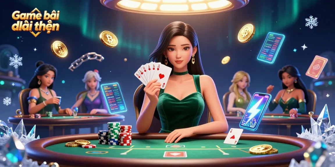 Experience the thrill of Game bài đổi thưởng as the focus is on a beautiful Asian woman at a poker table.