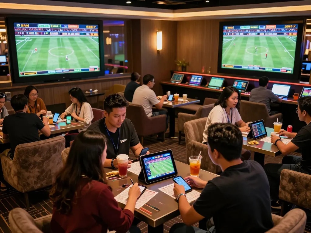Excited bettors engaging with 1gom betting app in a lively casino sports lounge