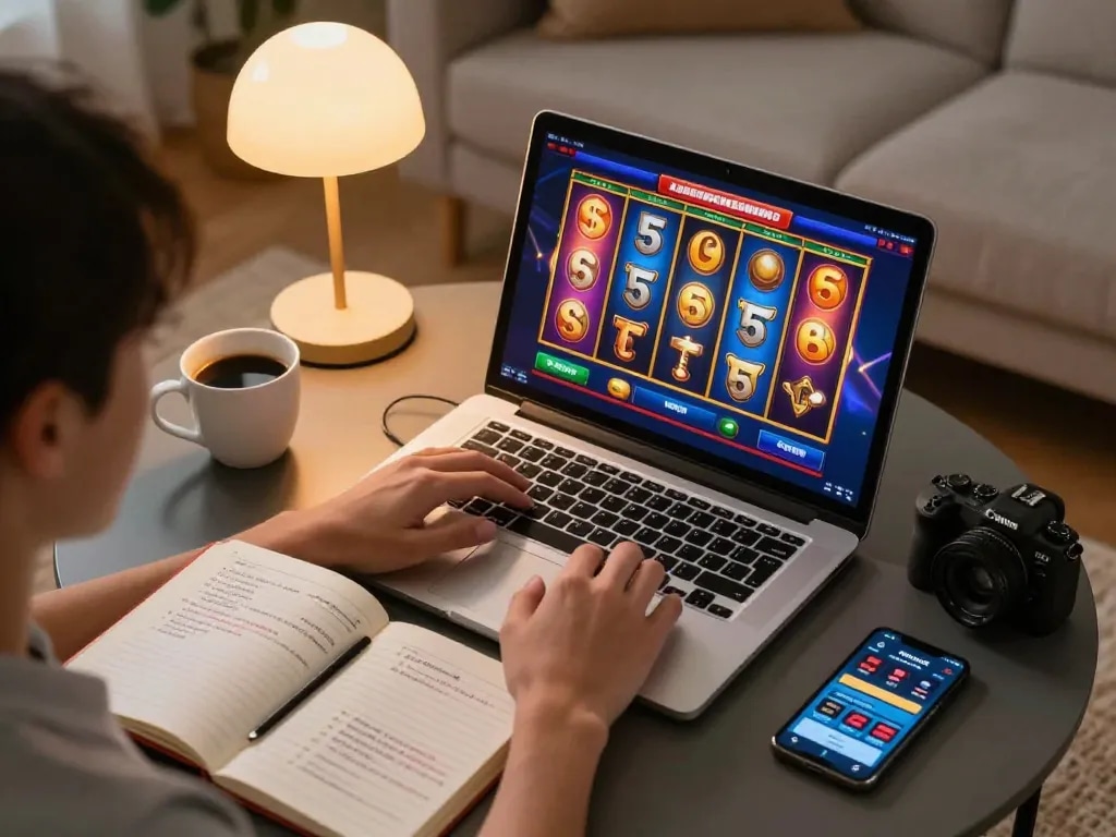 Player enjoying fly88 online slots with animated reels in a cozy living room.