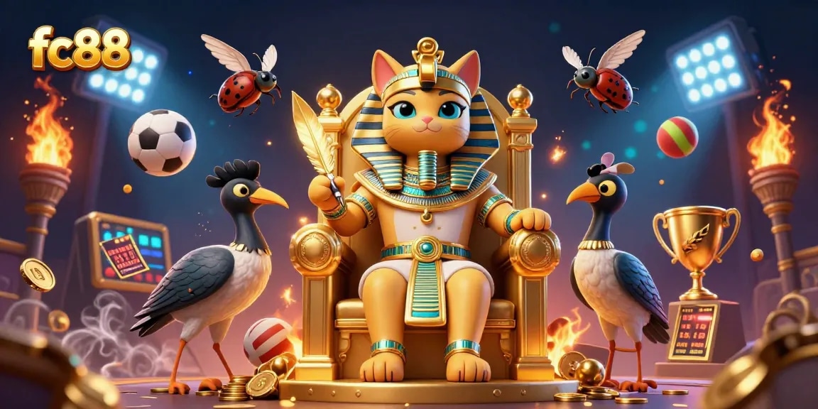 Engage with fc88's vibrant casino scene featuring Egyptian characters and dynamic sports elements.