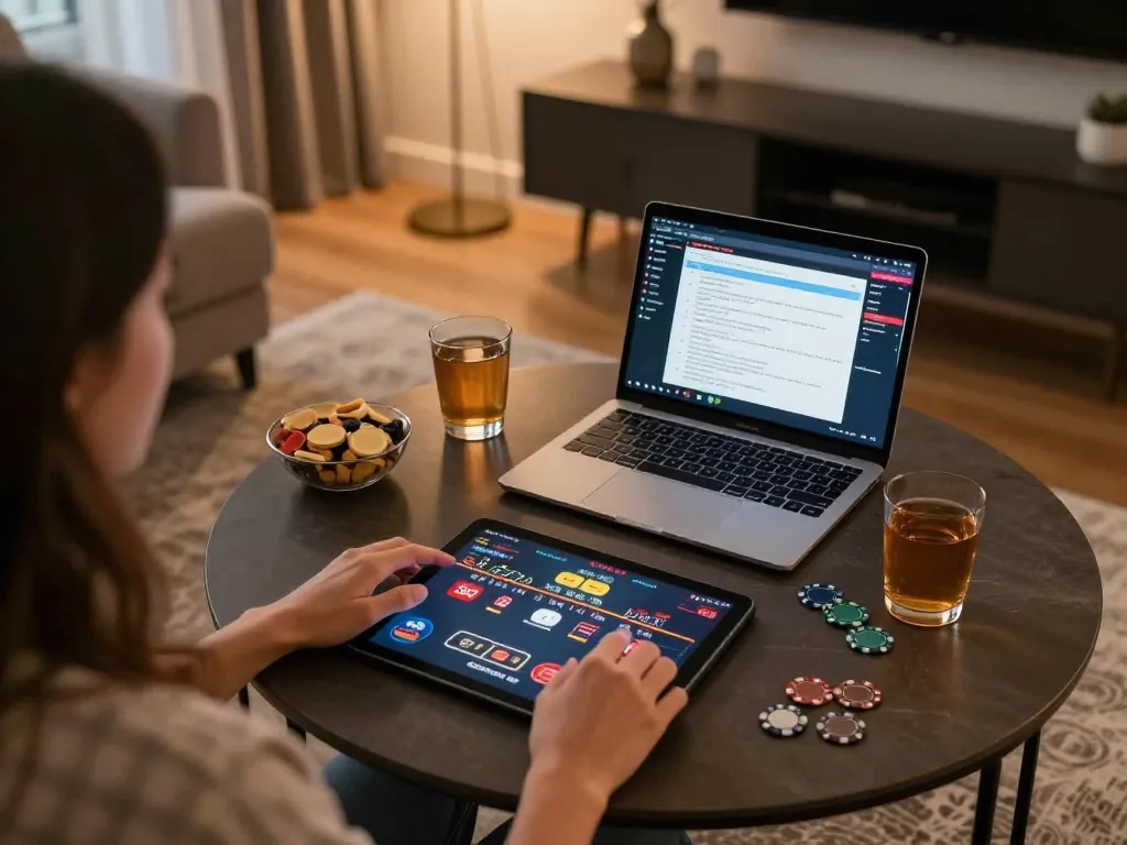 Dafabet user engaged in strategic blackjack gameplay on tablet in cozy home setting