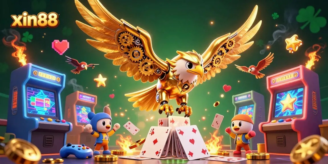 Experience the thrill of xin88 with a 3D illustration of a golden eagle and drone falcon wingmen diving through holographic cards.