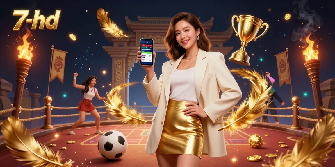 Engaging 7-hd sports betting app scene featuring a friendly Asian woman and golden gaming elements.