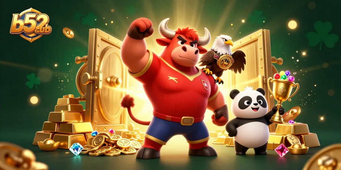 Win big with b52club's gaming experience featuring a victorious bull, eagle, and panda.