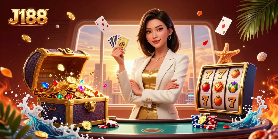 J188 showcases an elegant Asian woman, empowered in a casino scene filled with slot games and golden treasures.