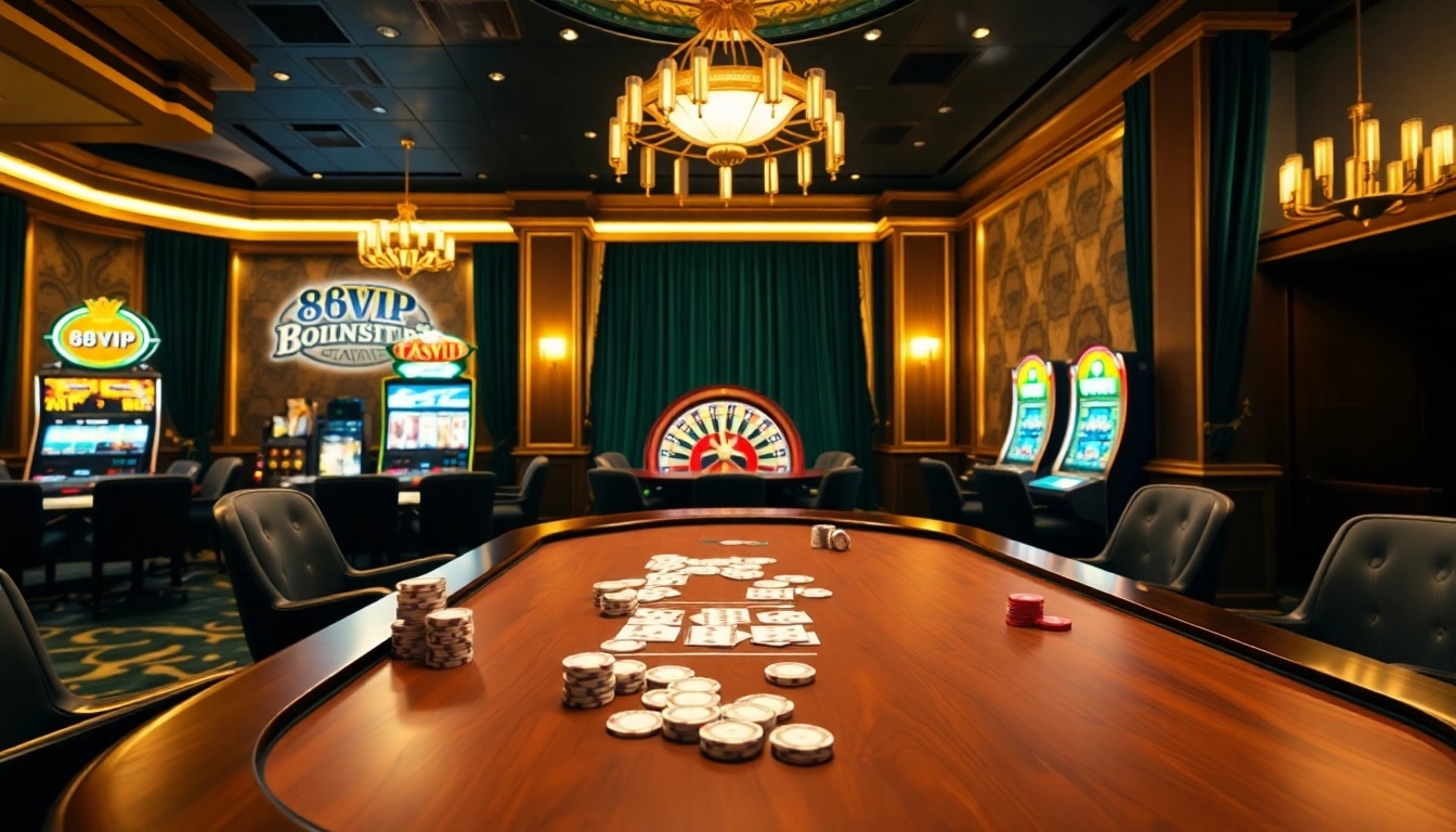 Experience high-stakes gaming at 68VIP with poker chips and cards on an elegant table.