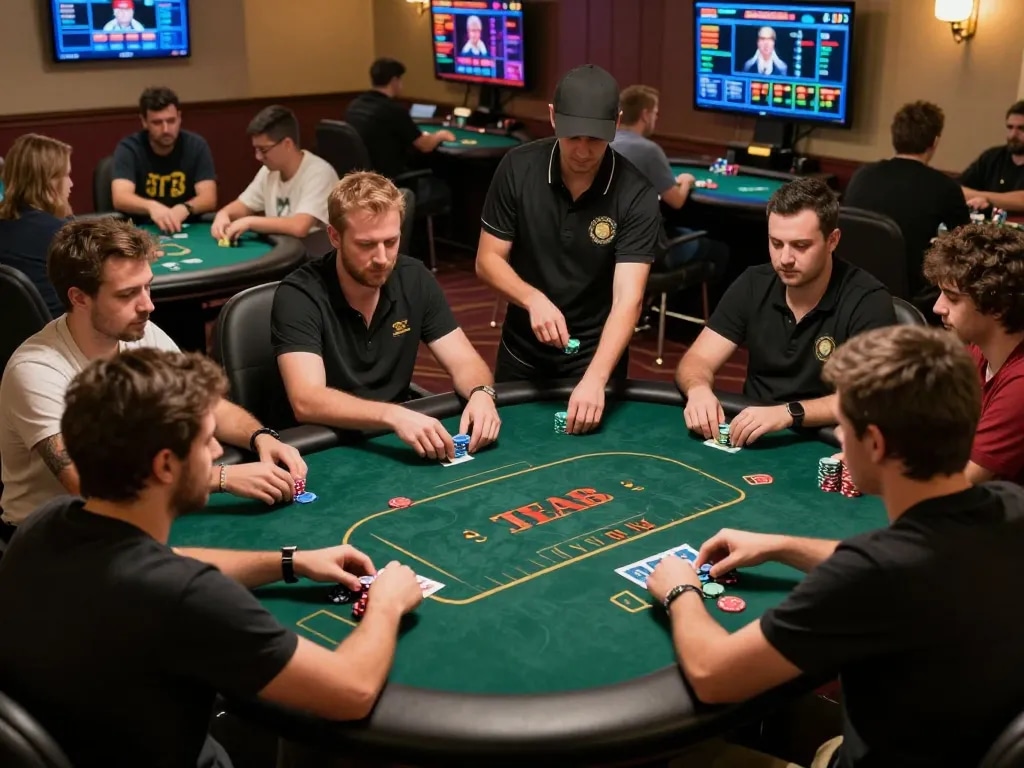 Players strategizing in an online poker room with sv66 features highlighted, displaying dynamic engagement.