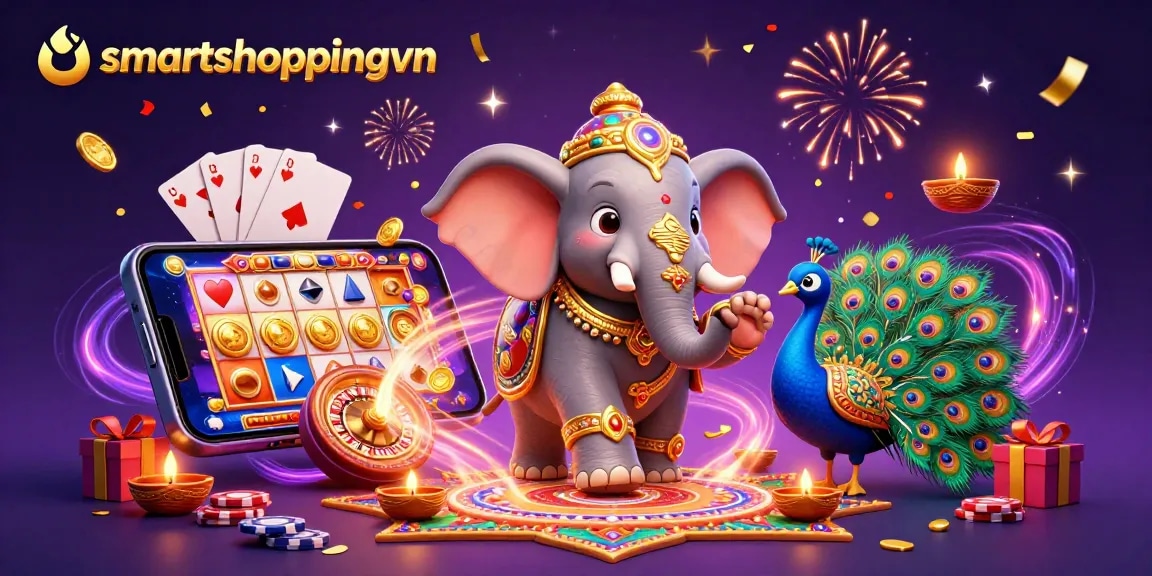 Play exciting games at smartshoppingvn with a colorful casino scene featuring a fun elephant and peacock.