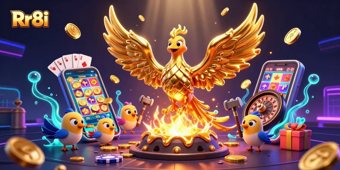 Experience stunning Rr8i gameplay as golden coins erupt and fortune unfolds in this vibrant casino scene.