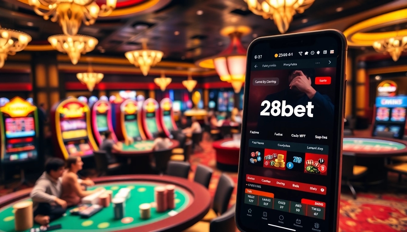 Players enjoying various games at 28bet casino, highlighted by colorful poker chips and a lively atmosphere.