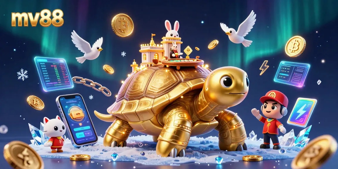 Experience vibrant gameplay action with MV88 at a dynamic online casino setting, showcasing golden coins and more.
