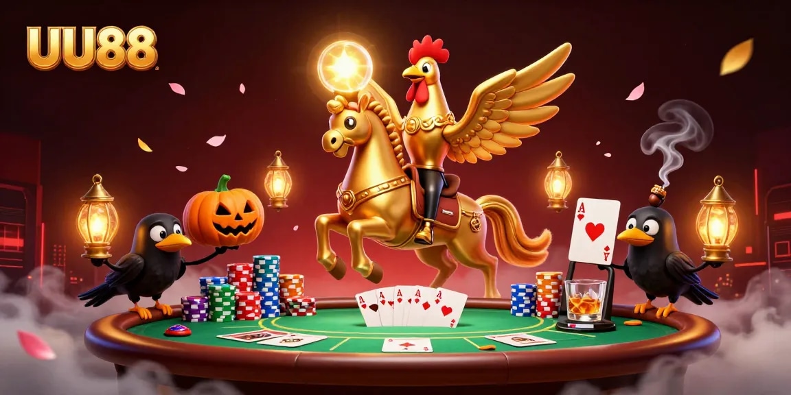 Experience thrilling poker action at UU88 with golden rooster and spectral horse in an enchanting casino scene.
