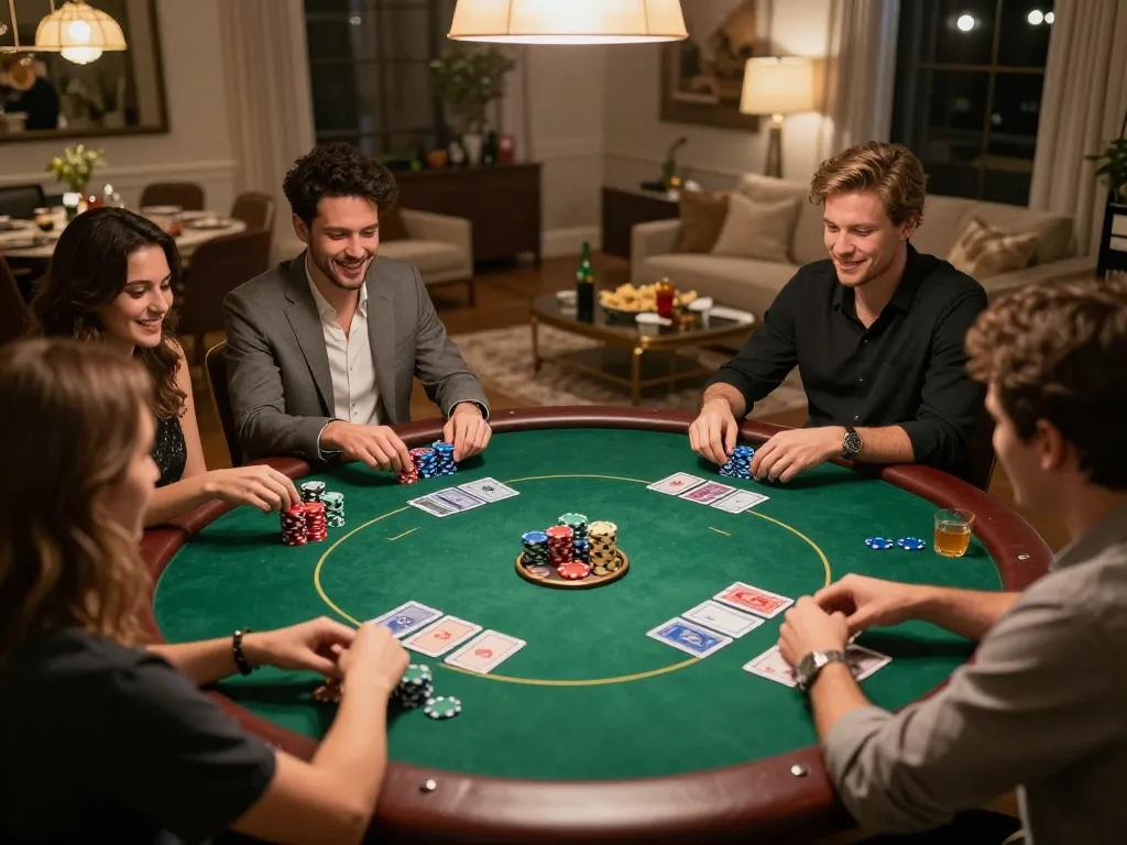 Friends enjoying a friendly poker game during a cozy home gathering with 888NEW atmosphere