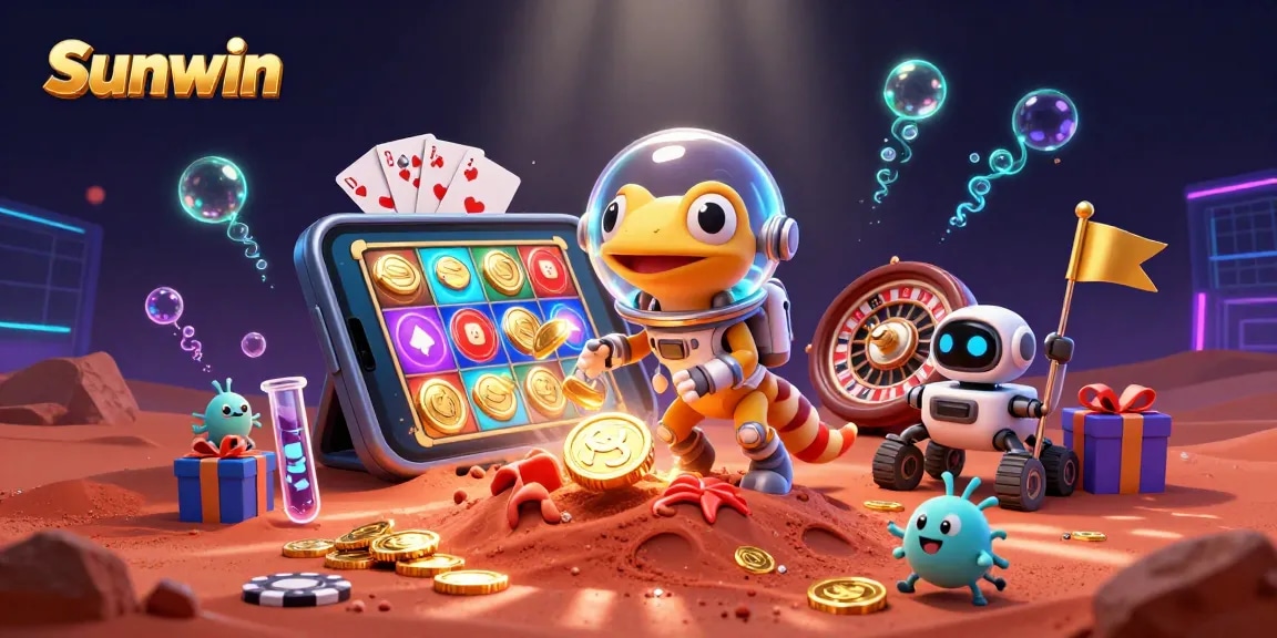 Experience thrilling gameplay with Sunwin as cartoon characters explore a golden casino on Mars.