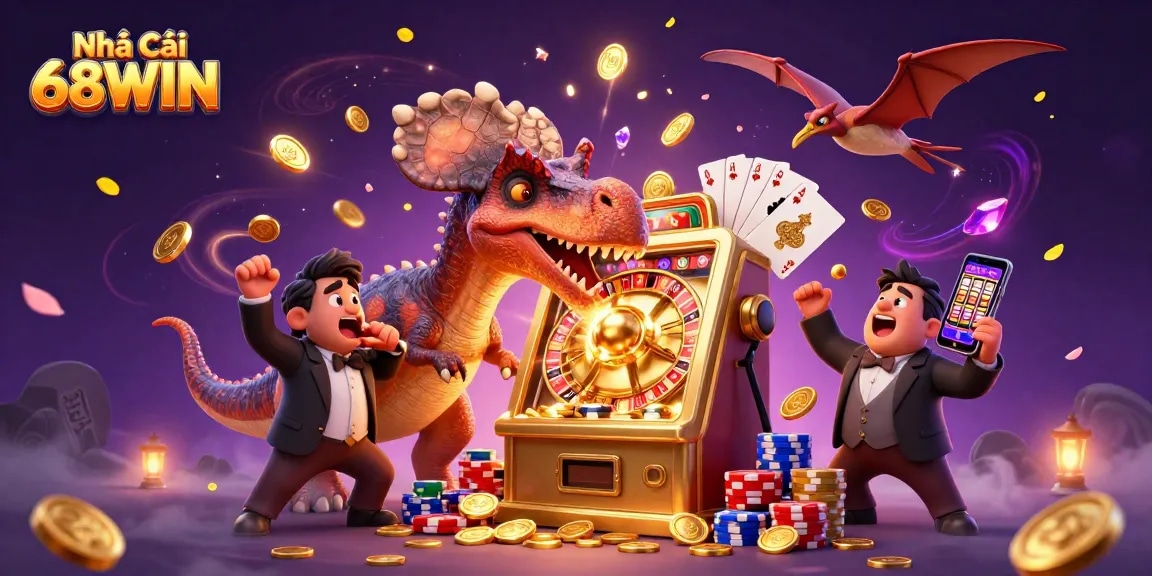 Dynamic scene showcasing Nhà Cái 68WIN's casino excitement with characters and gold coins