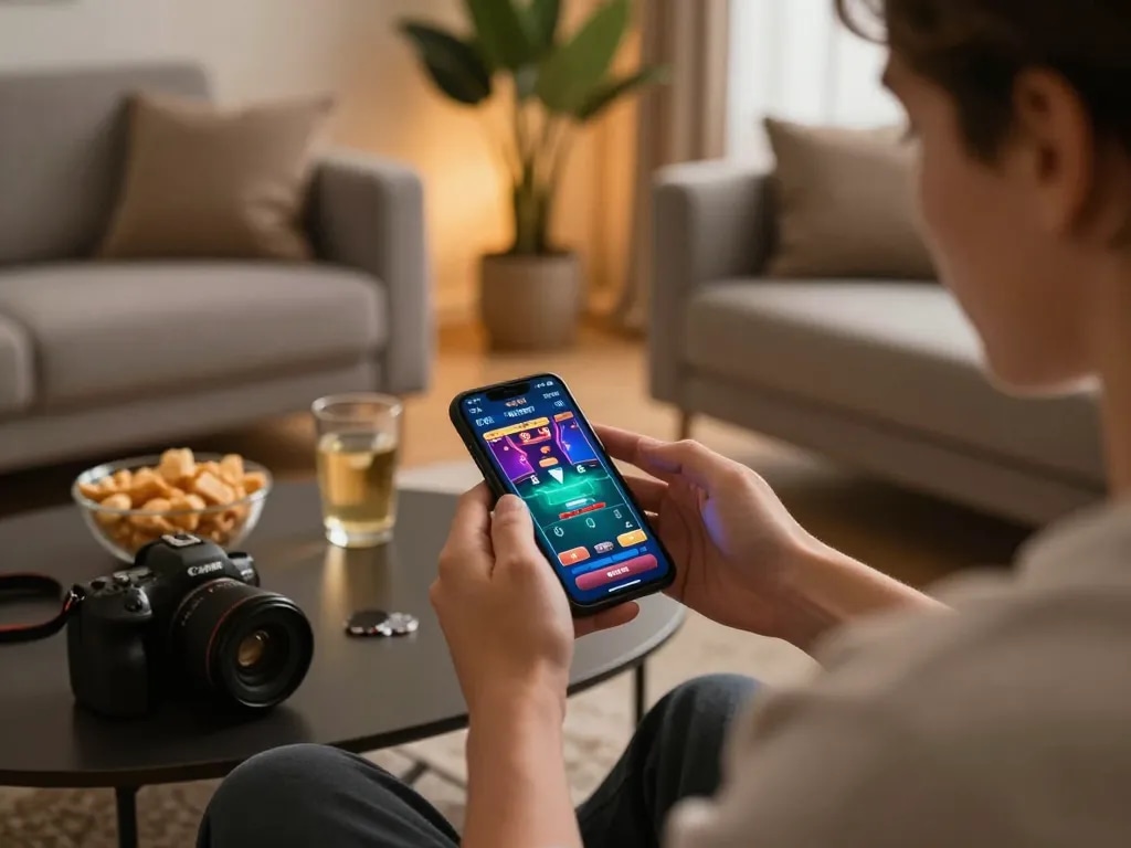 GK88 players enjoying mobile betting on a smartphone in a cozy home environment