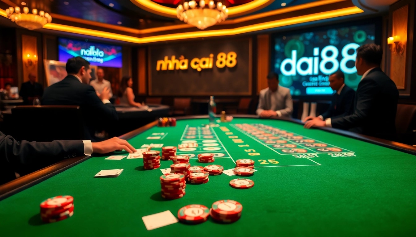 Exciting gambling scene at nhà cái da88 with poker chips and cards laid out.