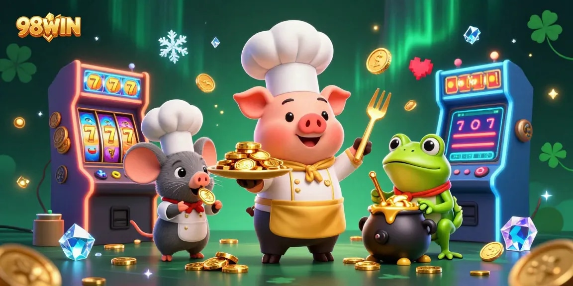 Experience thrilling wins at 98WIN with a vibrant 3D casino scene featuring characters and game elements.