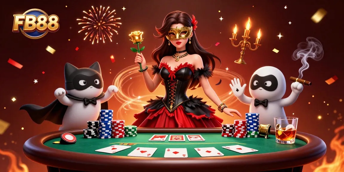 Experience the thrill at FB88 with poker action and vibrant casino illustrations