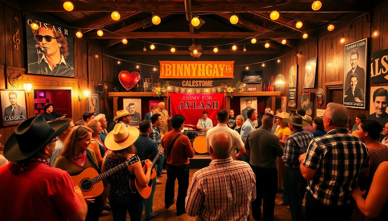 Celebration at johnnycashbirthday.com with fans enjoying music and retro decorations.