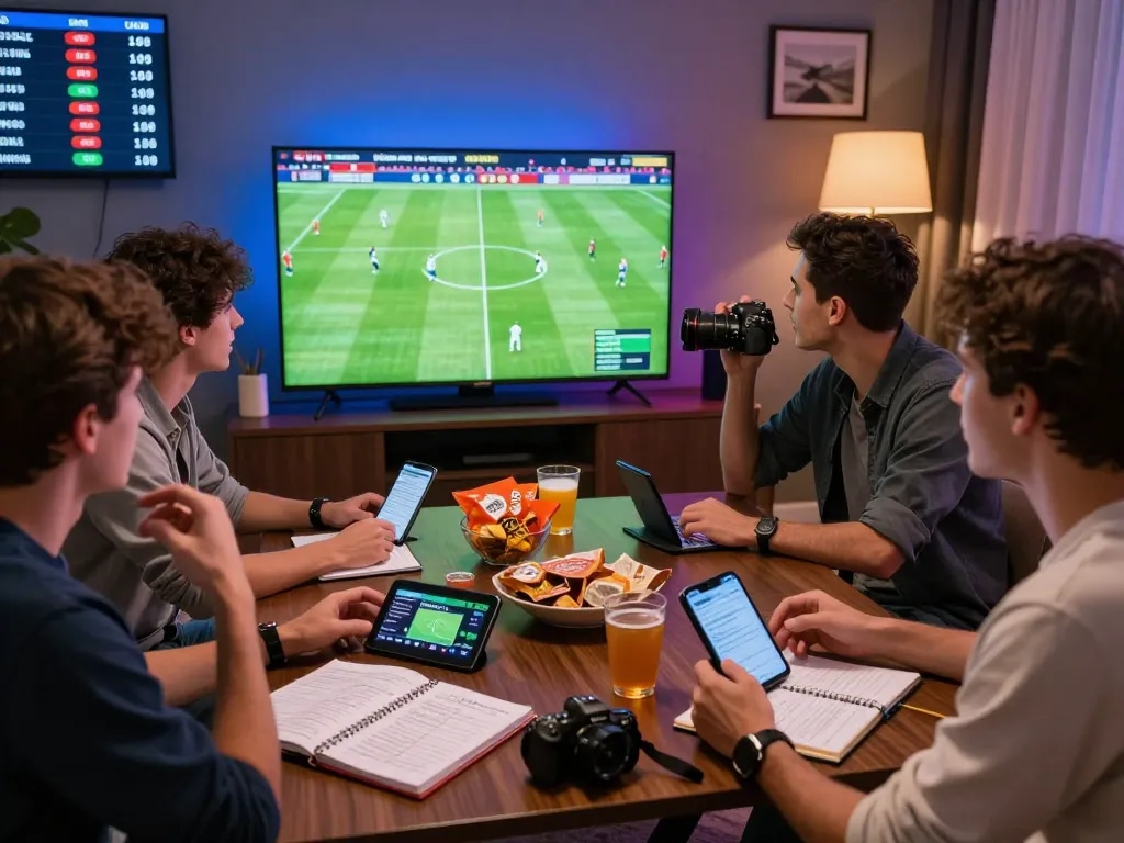 Engaging scene of friends enjoying trang cá độ bóng đá while watching a live football match, with snacks and mobile devices showing betting odds.