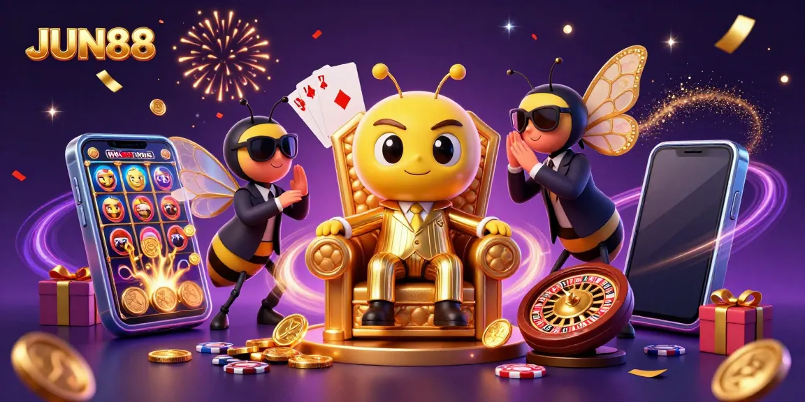Experience exciting gaming fun at JUN88 with a vibrant 3D cartoon casino scene featuring bumblebee mob boss characters and dynamic slot games.