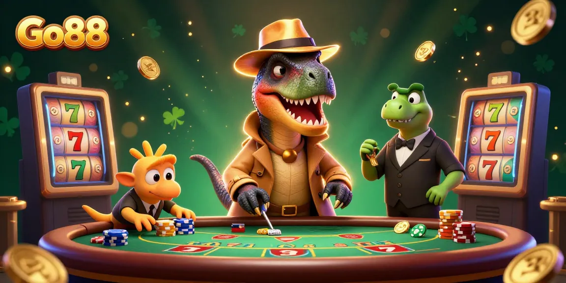 Engage in the exciting world of Go88 with a creative 3D illustration showcasing a velociraptor card counter at a blackjack table amidst lively casino elements.
