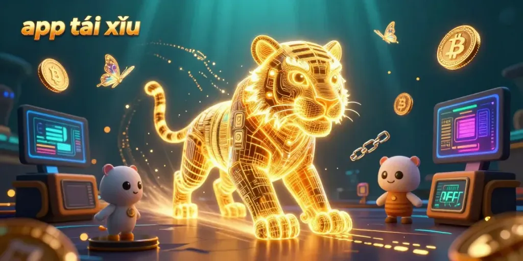 Experience the excitement of app tài xỉu in this vibrant casino scene, featuring a glowing tiger and digital coins.
