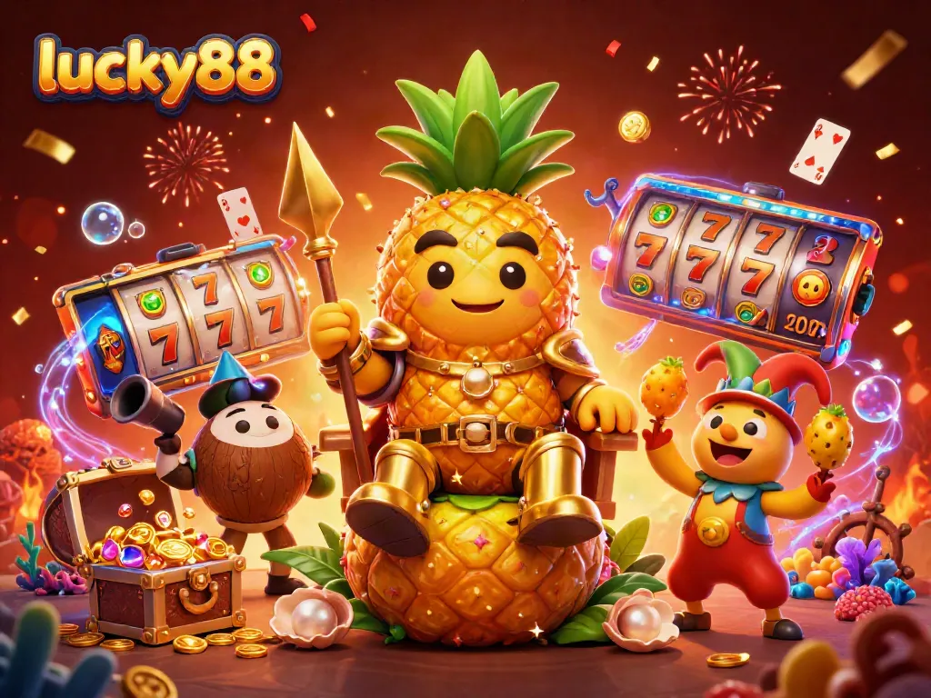 Spin the reels with lucky88 in this vibrant 3D casino scene featuring a pineapple king and festive elements.