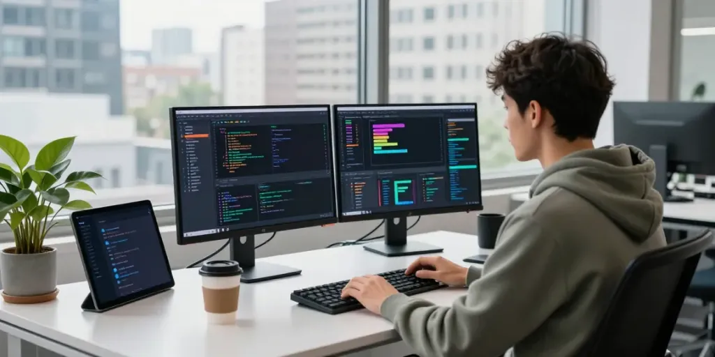 Developer utilizing instant indexing tools in a vibrant tech workspace for efficient project management.