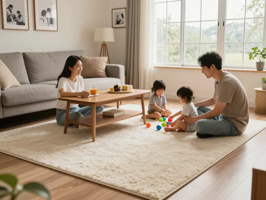 Residential carpet installation in a cozy family living room with kids playing