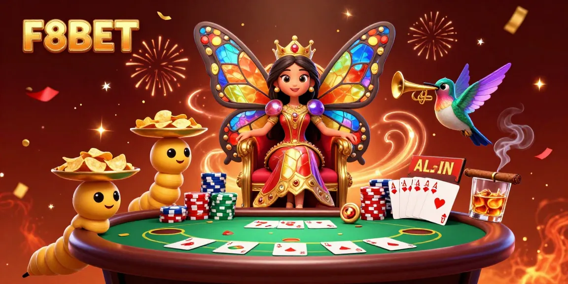 Play poker at F8BET with a dynamic scene featuring a butterfly queen and colorful poker chips.