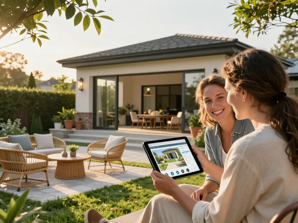 Couple using a veranda configurator on a tablet amidst a beautiful garden, customizing their outdoor living space.