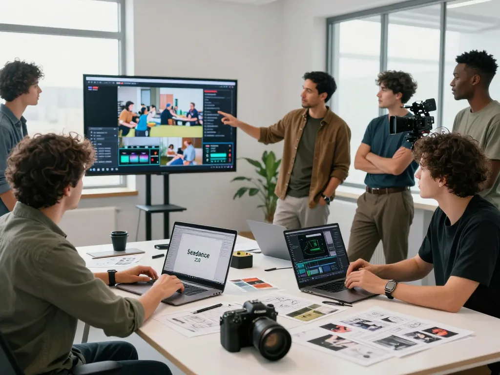Dynamic video production team utilizing seedance 2.0 ai for innovative storytelling.