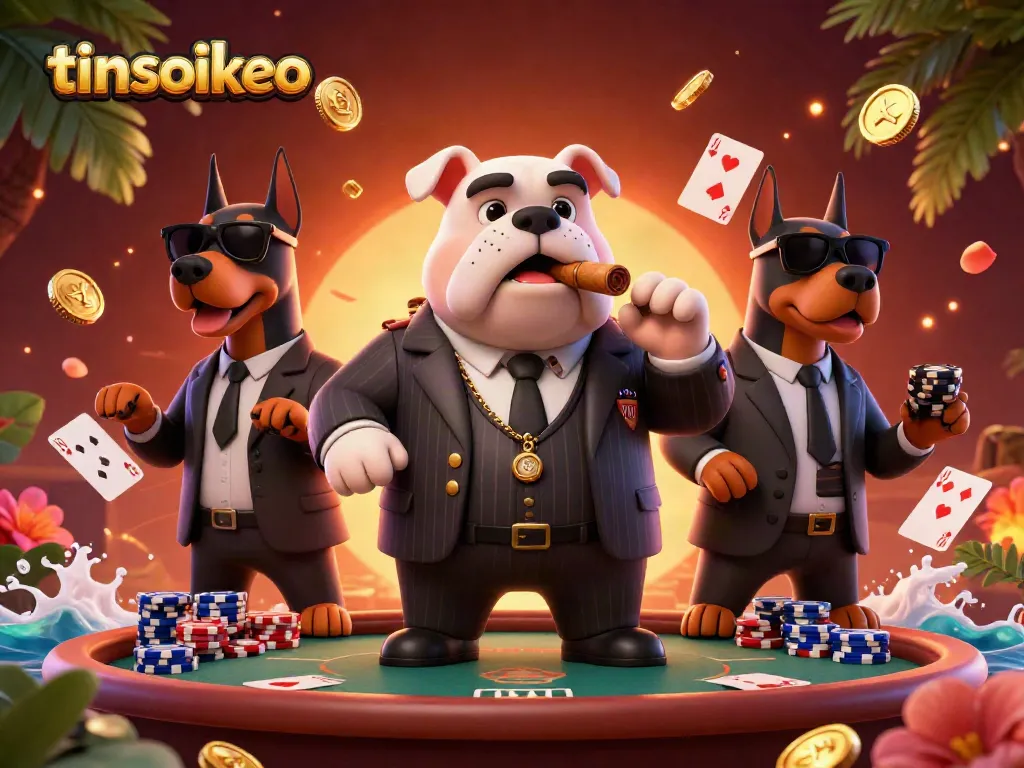 Experience thrilling gaming with tinsoikeo's mafia bulldog and Dobermans amidst poker excitement.