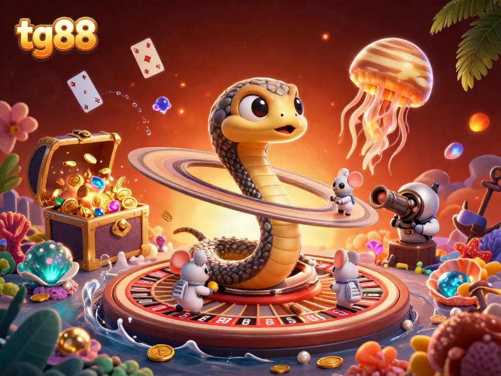 Experience thrilling gameplay at tg88 with astronaut mice betting on a cosmic roulette wheel in this vibrant scene.