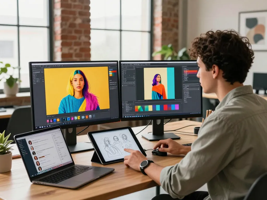 Creative workspace with dual monitors displaying Nano Banana 2 AI image editor, showcasing vibrant designs and a collaborative atmosphere.