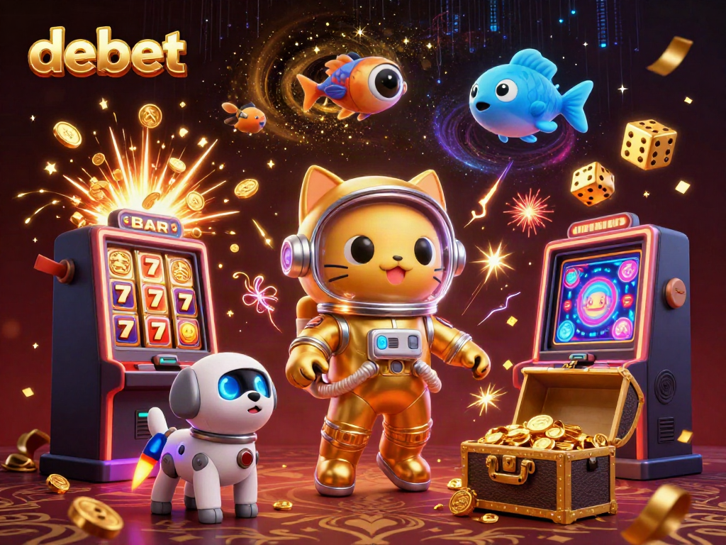 Experience explosive wins at debet with a vibrant 3D casino scene featuring a space astronaut cat and dynamic jackpots.