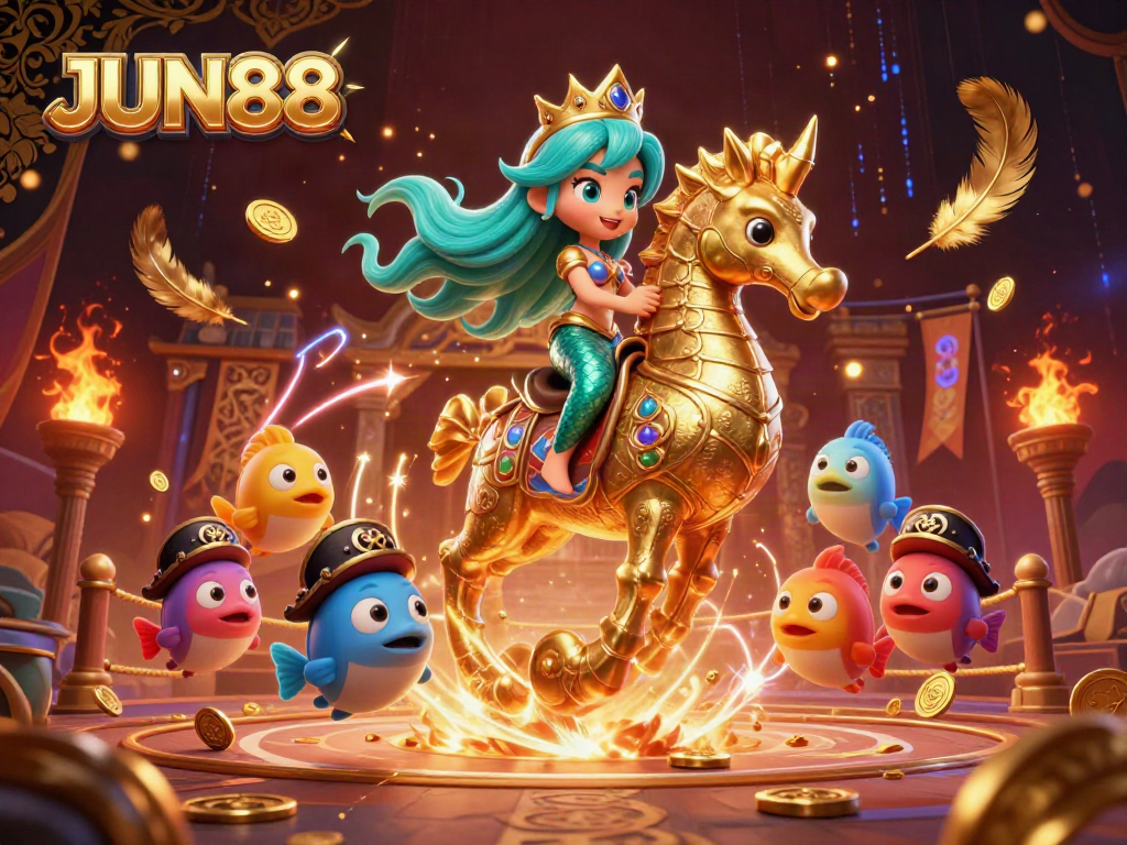 Experience the dynamic world of JUN88 with a dazzling mermaid princess and her golden seahorse in a vibrant casino setting.