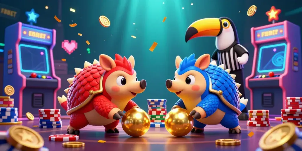 Bowling pangolins represent F8BET in a vibrant casino scene with flying poker chips and colorful arcade games.