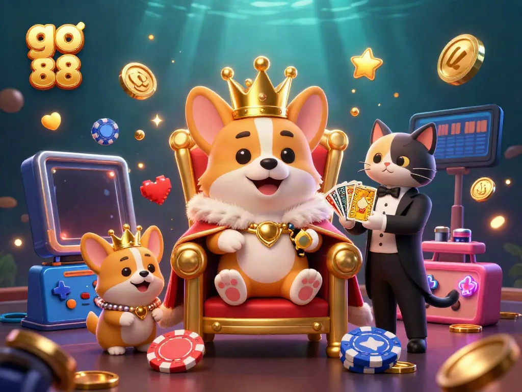 Win big with go 88 in this colorful casino illustration featuring a royal corgi surrounded by vibrant gaming elements.