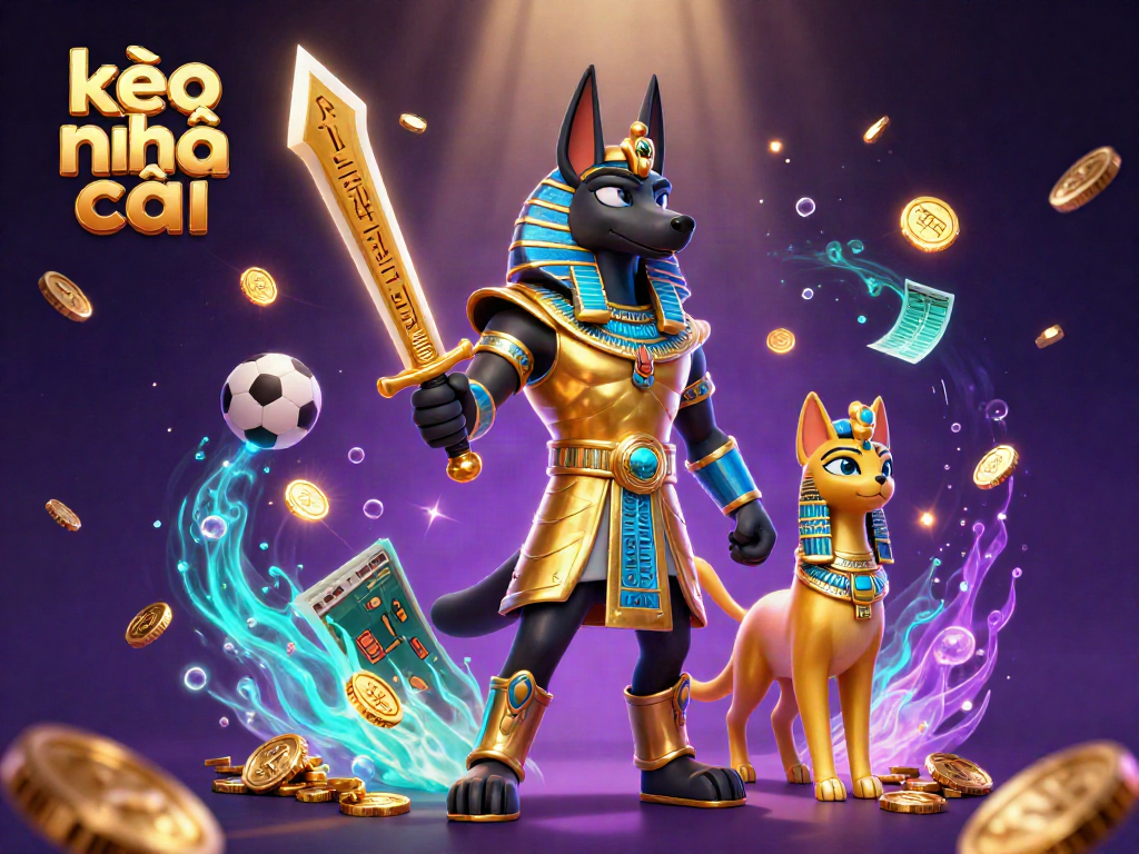 Experience kèo nhà cái excitement with a dynamic scene of Anubis and Bastet amidst cascading coins and sports betting elements