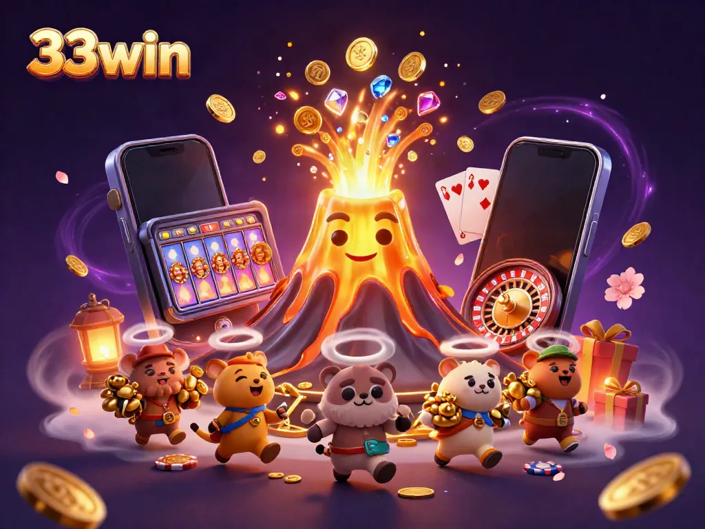 Experience the excitement of 33win with a vibrant scene featuring a golden volcano and treasures from casino games.